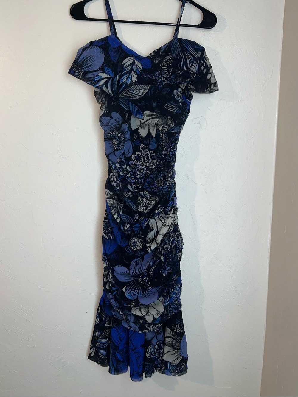 FUZZI Floral Blue Off-Shoulder Midi Dress with Straps